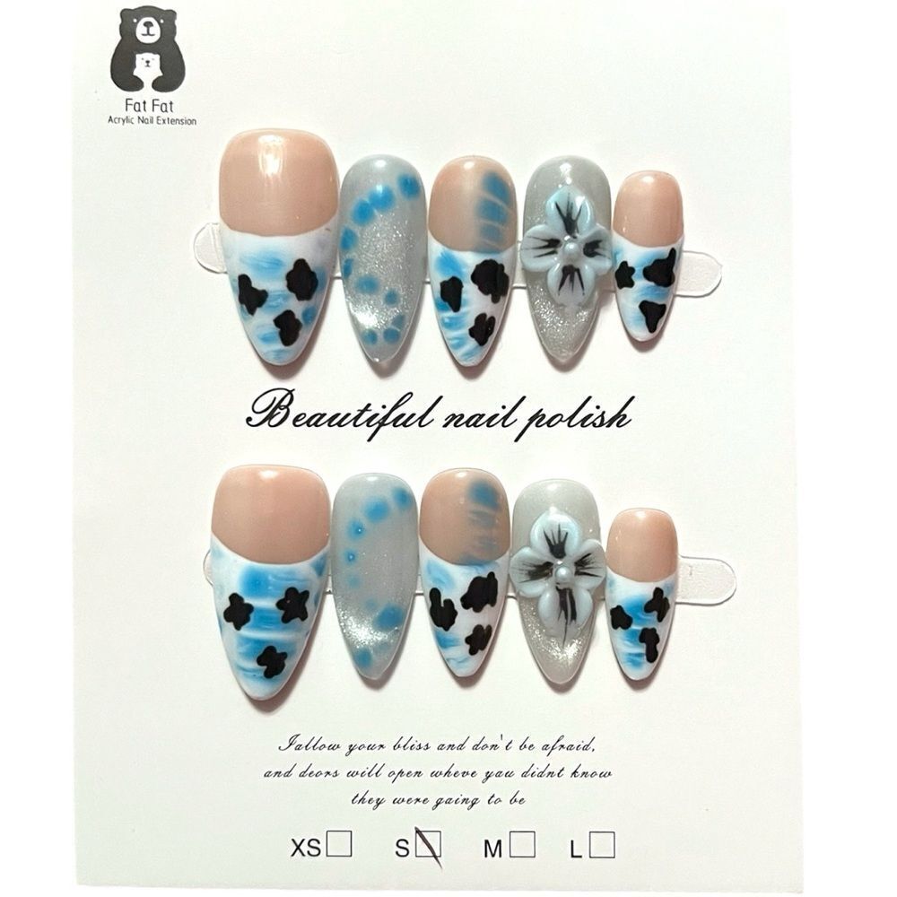 Stylish Handmade Blue White French Tip 3D Flower Press-On Nails Size S